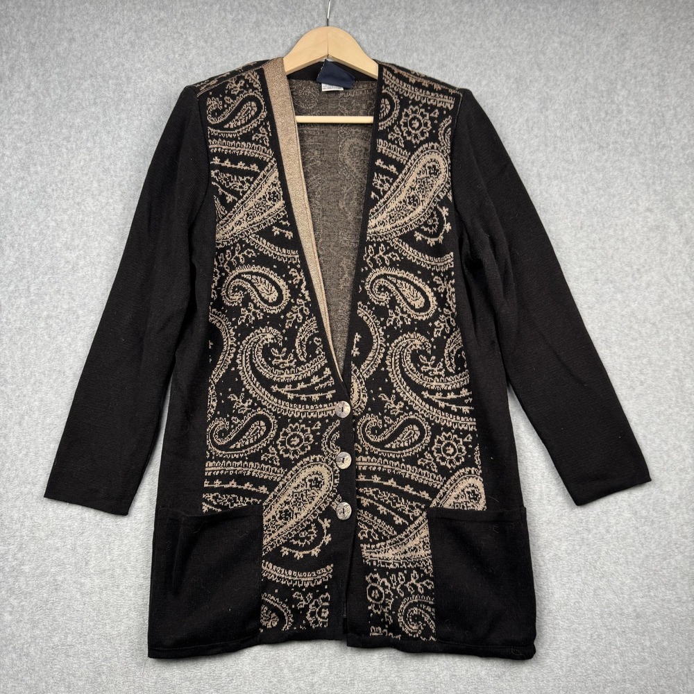 Kriss Cardigan Sweater Womens Medium Black Tan Paisley Knit Made in‎ Sweden